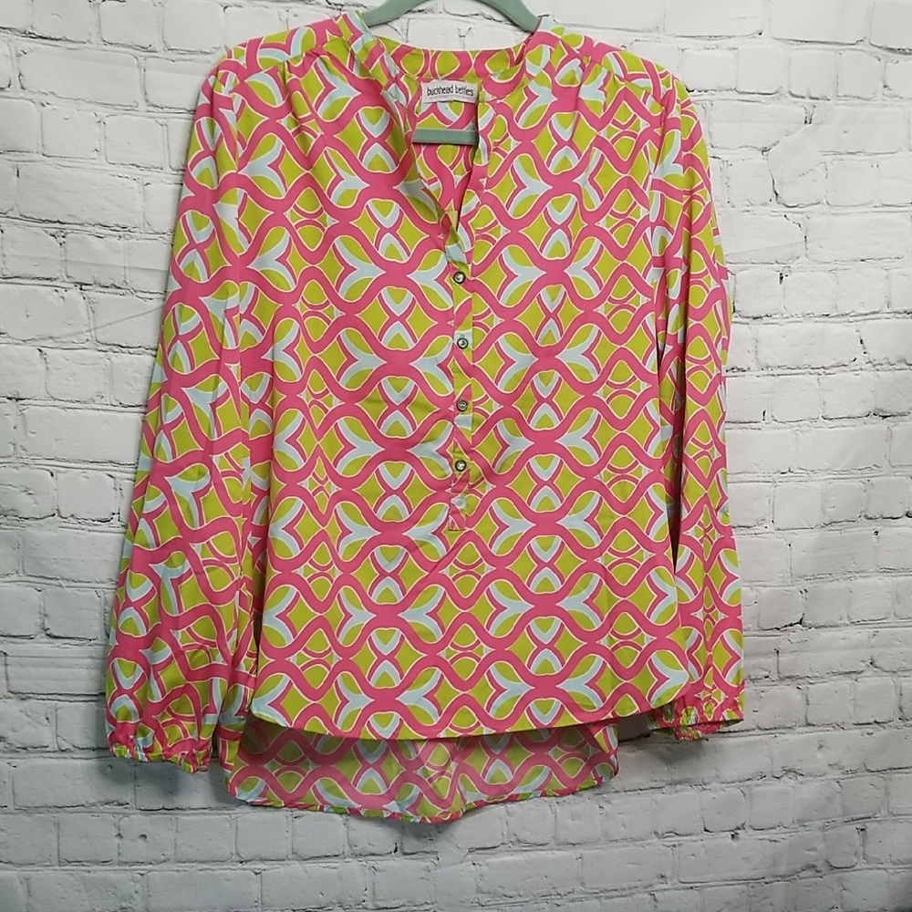 Buckhead Betties women's 1/2 button Geometric Flourescent Blouse No Size Tag